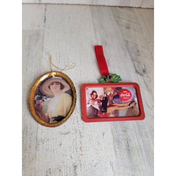 Vintage Coca-Cola girl drinking rustic Xmas ornament set Coke - Picture 1 of 8